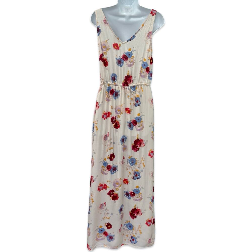 Lucky Brand Ivory Red Blue Floral Sleeveless Tie Waist V-Neck Maxi Dress size S - Picture 5 of 11